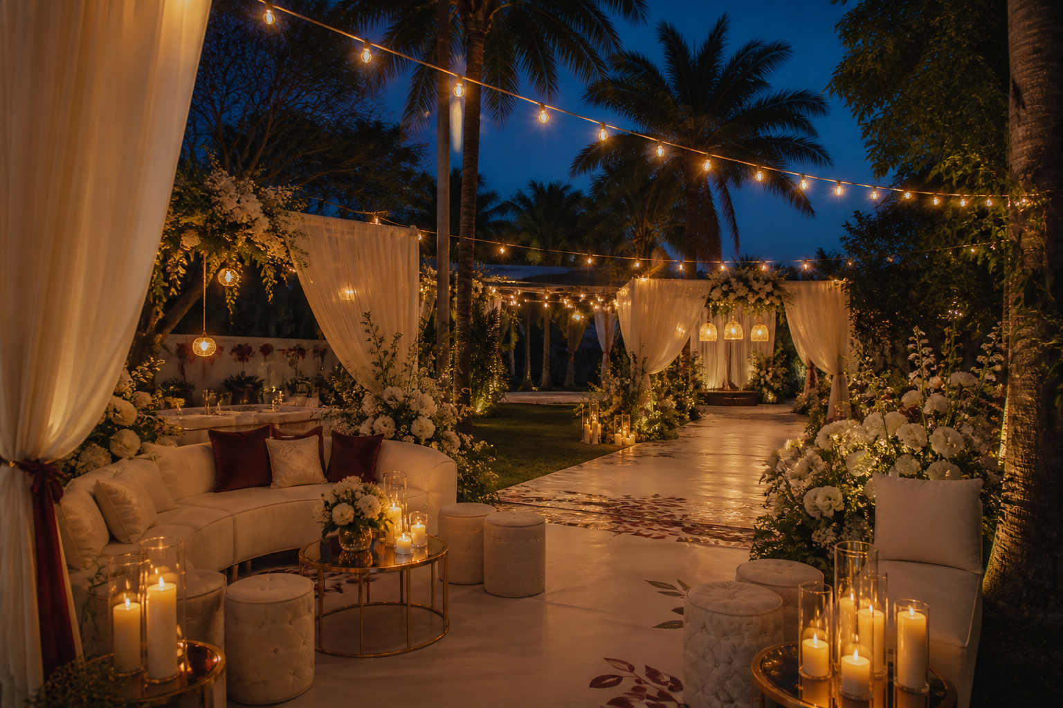 Candlelit wedding setting beneath palm trees at dusk