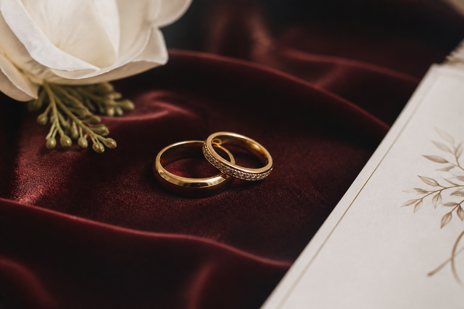 Gold wedding rings arranged on burgundy velvet