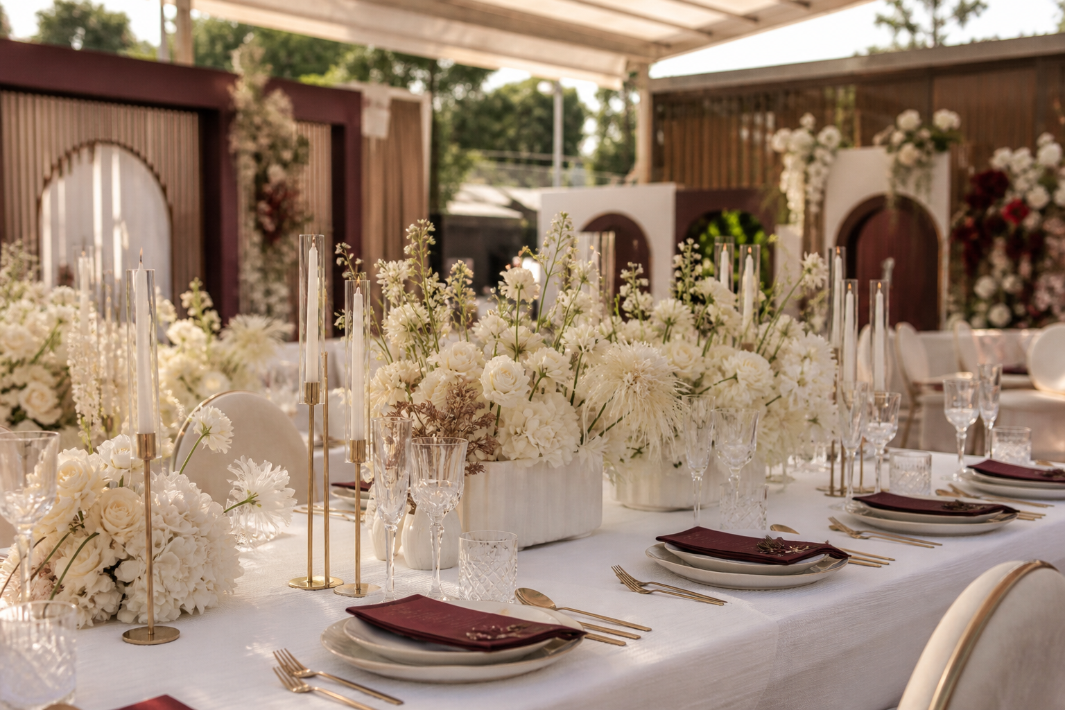 Cream wedding tablescape with ivory flowers and burgundy details