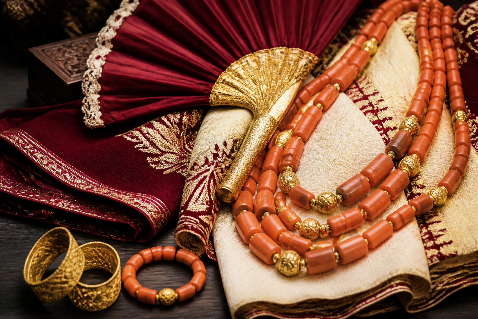 Coral beads, ceremonial fabric, and a traditional hand fan