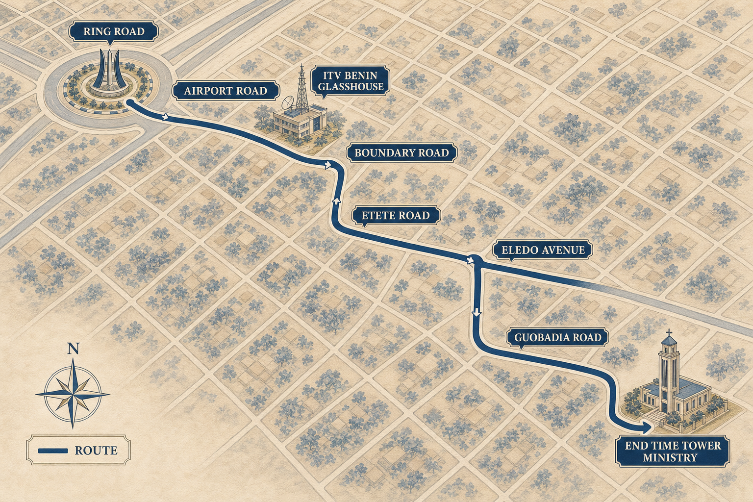Illustrated street map showing the route from Ring Road via Airport Road, Boundary Road, Etete Road, Eledo Avenue, and Guobadia Road to End Time Tower Ministry