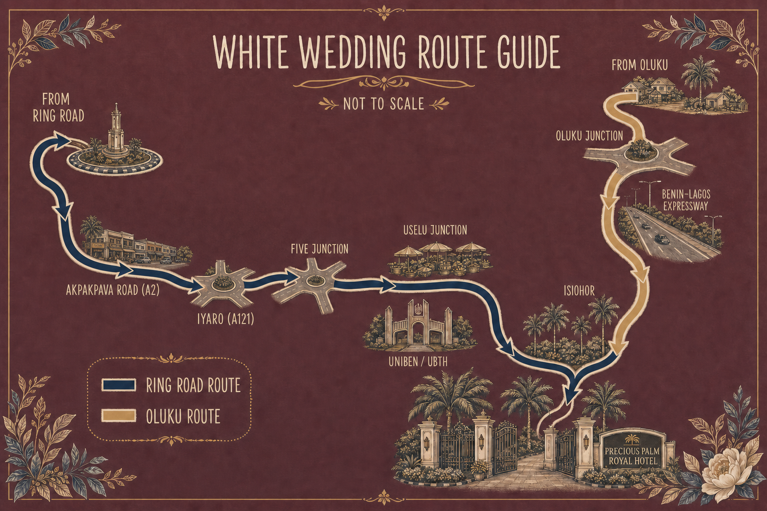 Illustrated map showing the navy route from Ring Road through Akpakpava Road and Iyaro, and the champagne-gold route from Oluku, converging at Precious Palm Royal Hotel